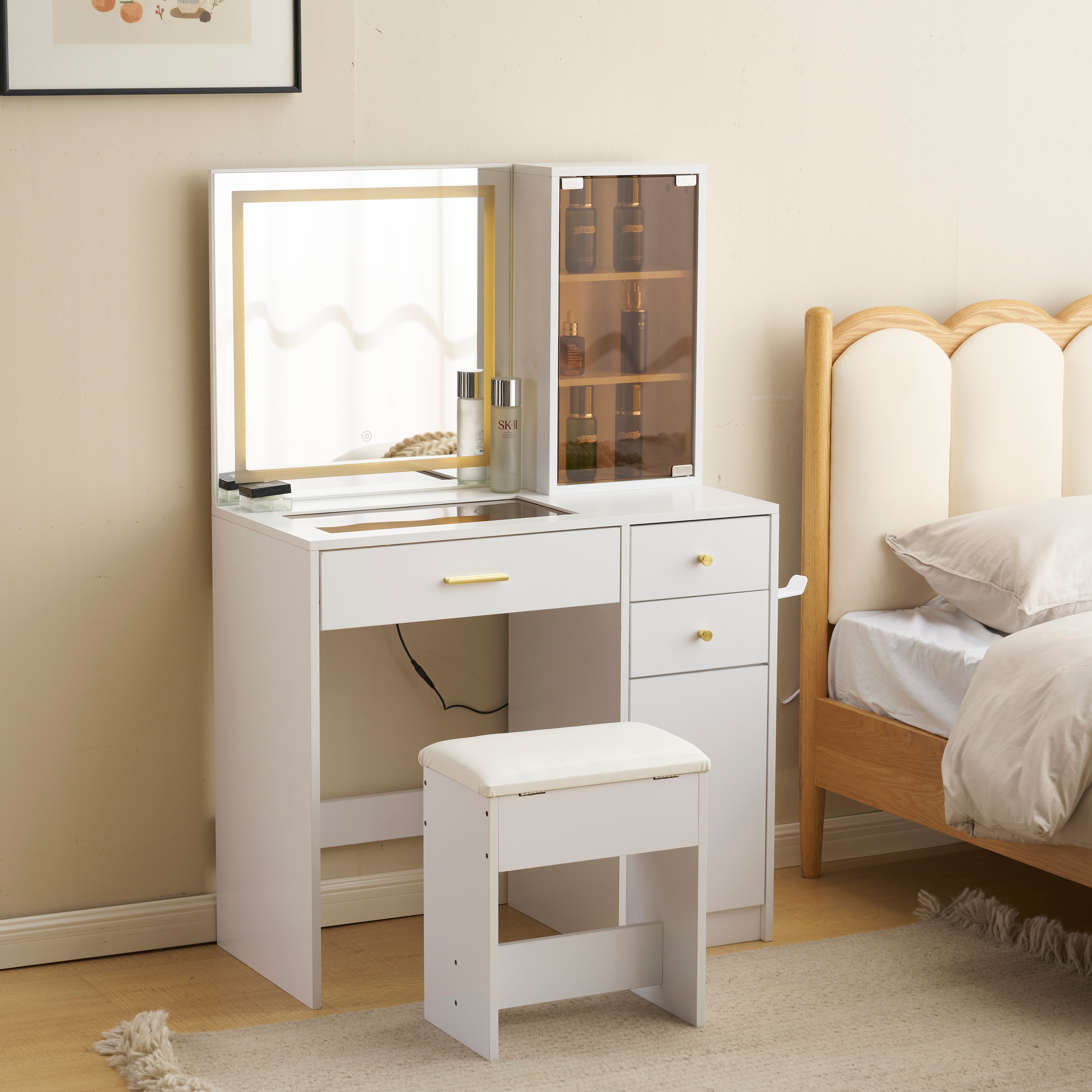 [国内即発送]ドレッサー 化粧台 テーブル 鏡台 ライト付き 3色LED ドライヤーホルダー コンセント付き 女優ミラー 引き出し 収納 椅子 セット サイド収納 メイク台 シンプル 大容量 可愛い