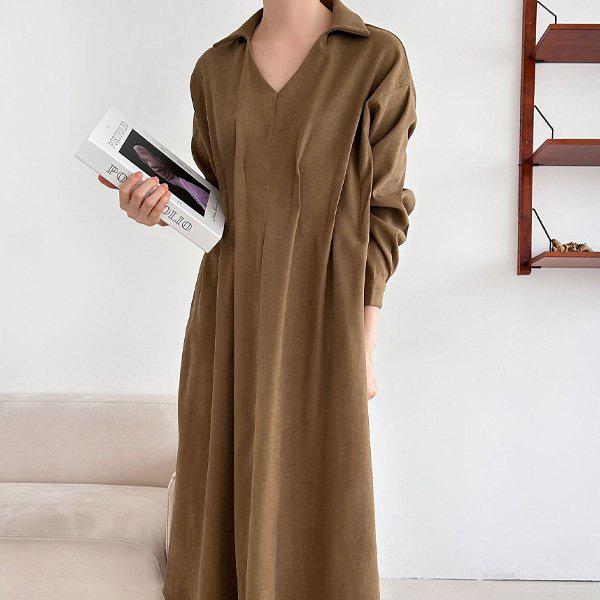 Hスタイル(OP)モルフィンのタックVネックワンピース 冬ワンピース OPS ドレス デイリールック ビッグサイズ