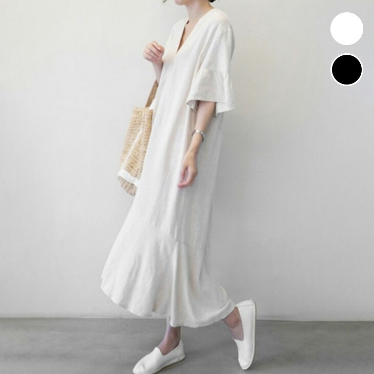 Vネック マーメイド風 ワンピース ワンピ 5分袖 フレア シャツ風 シンプルレディースファッション ワンピース