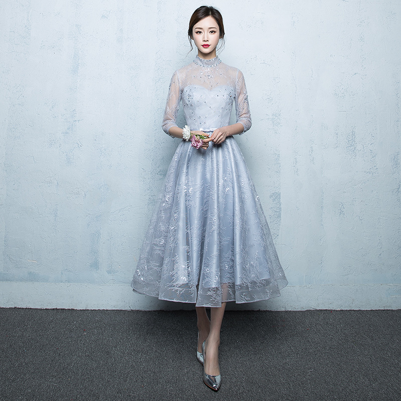 2025春夏 エレガント パーティードレス シルバーグレー スタイルアップ Aラインワンピース ロングスリーブ 6サイズ対応 発表会 演奏会 結婚