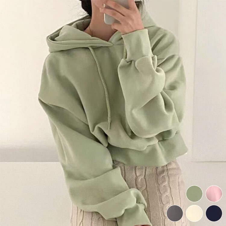 パーカー レディース 韓国 スウェット 裏起毛 クロップド ショート丈 トップス ドロップショルダー ボリューム袖 プルオーバー 無地 長袖