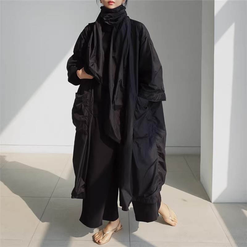 アウター レディース 前開き ウィンドブレーカー ロングコート マキシ 長袖 Vネック 襟付き フェミニン ストリート オーバーサイズ 綿 コットン ベルト付き かわいい 大人可愛い おしゃれ かっこ