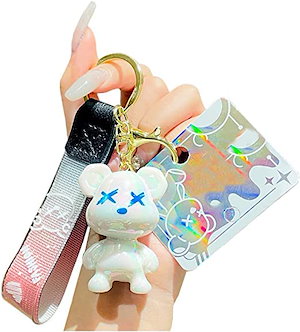ゾシーフェックス女の子男の子かわいいクマのキーホルダー-グラデーション樹脂キーホルダー携帯しやすいかわいい動物ペンダント金属キーホルダー (白)