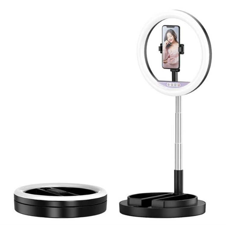 早い者勝ち LEDリングライト 自撮り ビデオ 3色10段階調整 携帯電話の直播補光灯 折り畳み 伸縮一体形 美顔灯 撮影用 着地 三脚 メデイア インターネット授業 生放送