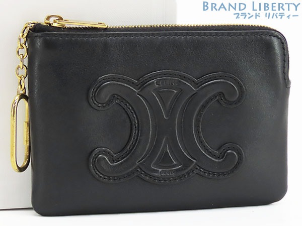 美品セリーヌキュイルトリオンフカードポーチコインケースコンパクト財布キーリング付きスムースカーフスキン