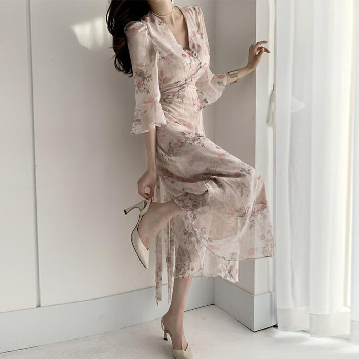 ワンピース ワンピ ドレス 袖あり フラワー 花柄 ボタニカル レディース エレガント きれいめ カジュアル ７分袖 大人 可愛い フェミニン ロング丈 お呼ばれ オケージョン クラシカル ピンク 春
