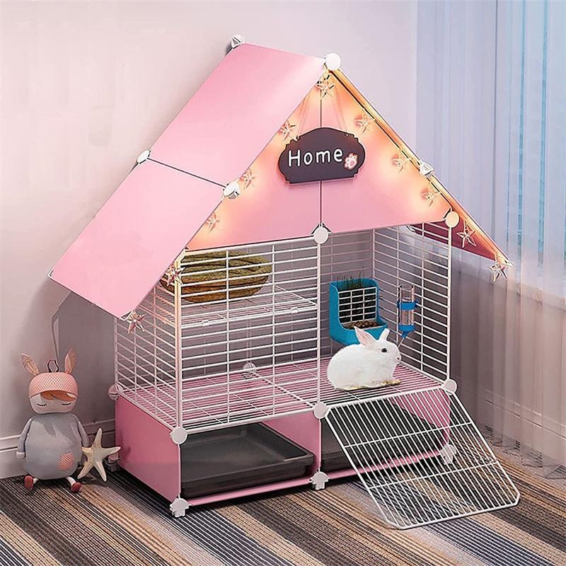 うさぎケージ 大型 小動物ケージ ペットケージ 小屋 キャスター付き 天井扉 移動便利 組み立て簡単 掃除しやすい ピンク