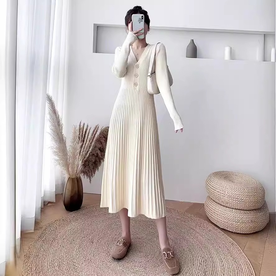 【1つ買うと10つ無料】ニットドレッシングドレス女性ファッションファッション秋と冬の洗濯壊れた長袖スカートパーパースカート