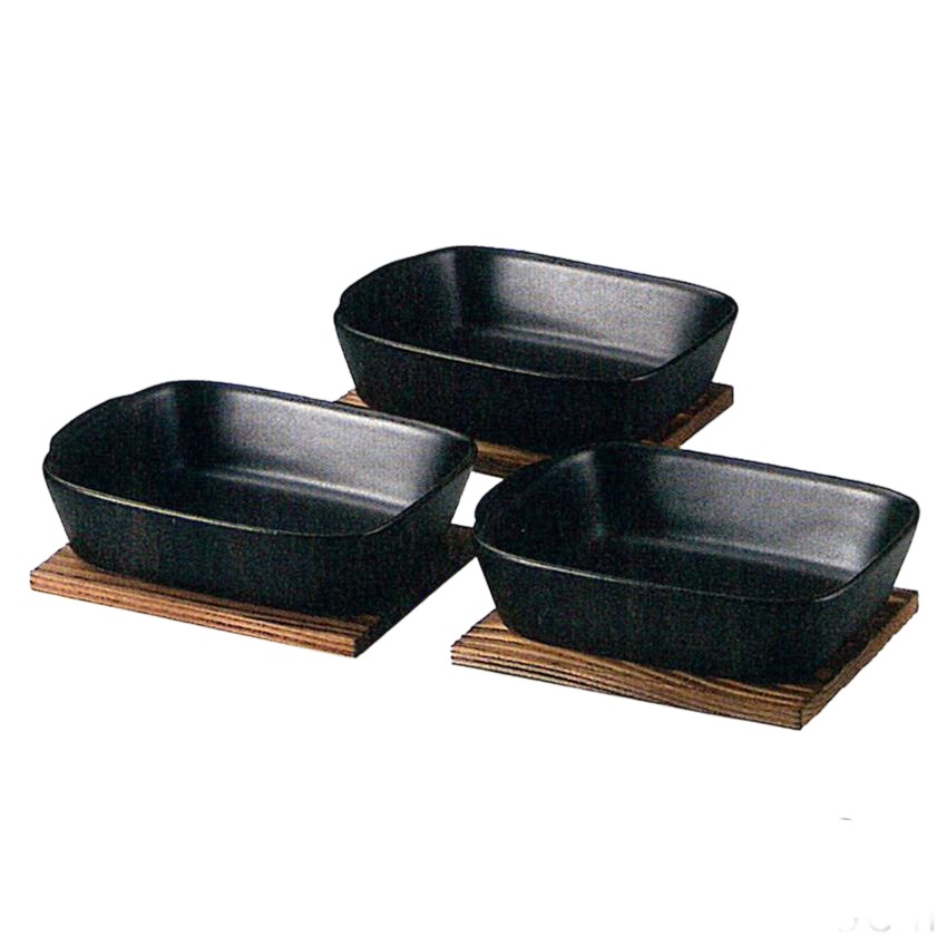 深型グラタン 3個組（敷板付）調理プレート 陶器 直火・電子レンジ・オーブン可能 黒 萬古焼 国産 04-11