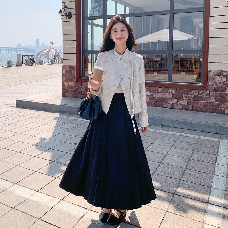 2024新作中国風ディスクバックル立体ジャカード斜め前立てハイウエストレトロ馬面スカートスーツ