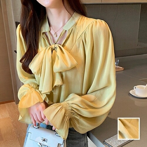 ブラウス シャツ 韓国 ファッション レディース 春 秋 冬 カジュアル コーデ シンプル 定番 セレカジ 20代 30代 40代 2025大きいサイズ シアー ボリューム袖 ギャザーディテール