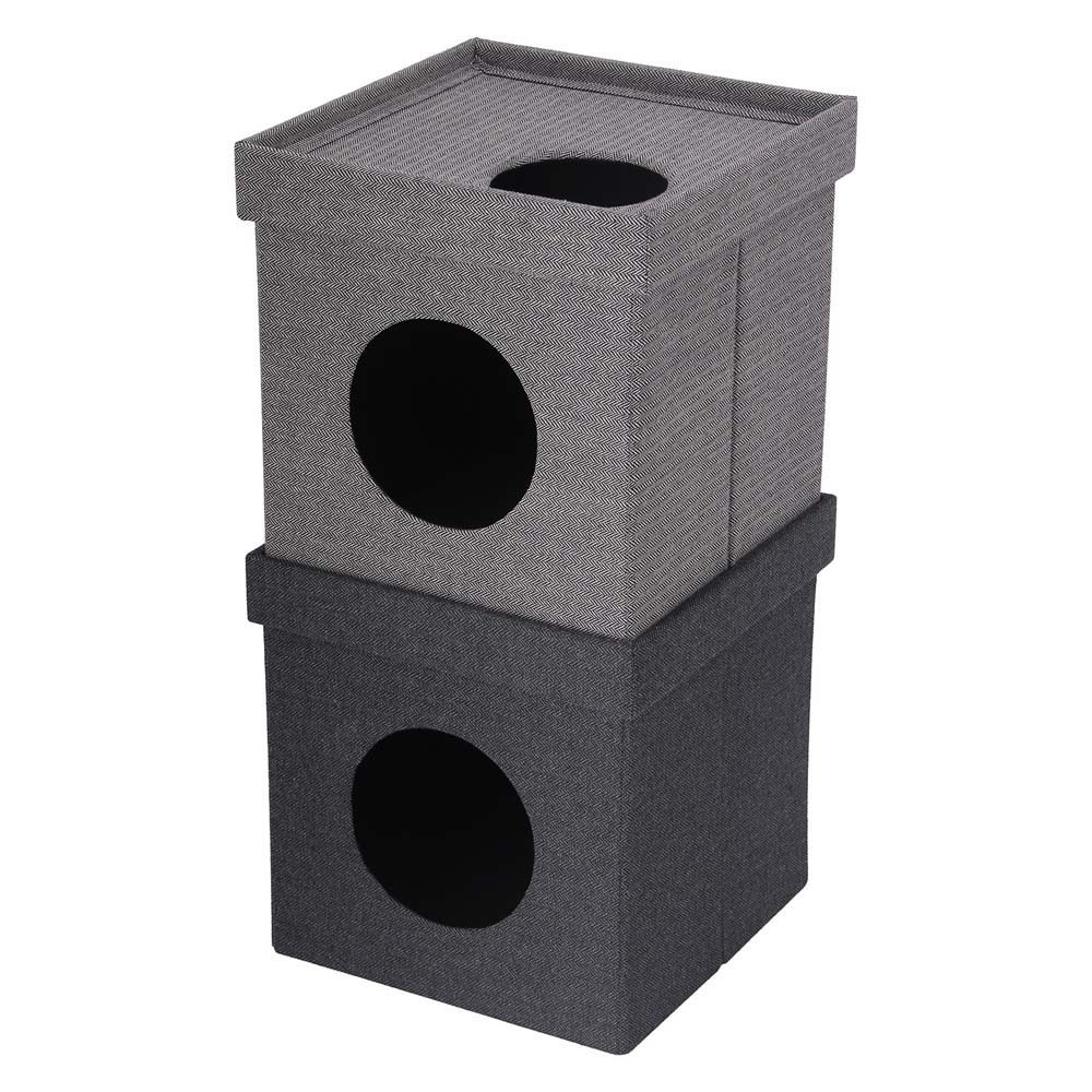 不二貿易 ペットハウスキューブ2段 グレー / ブラック 53713 ペット 家 遊ぶ 部屋 収納 インテリア 組立 灰色 黒