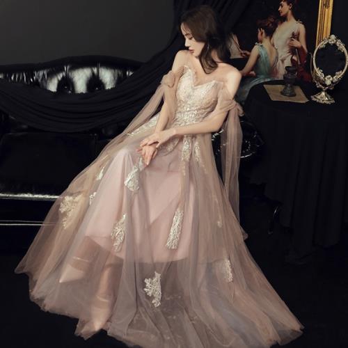 高品質保証パーティードレス 韓国 イブニングドレス ロングドレス 花柄 冬 ロング 可愛い オルチャン 大人 結婚式 二次会 パーティー お呼ばれ ドレス フレア Aライン レース チュール オフショ