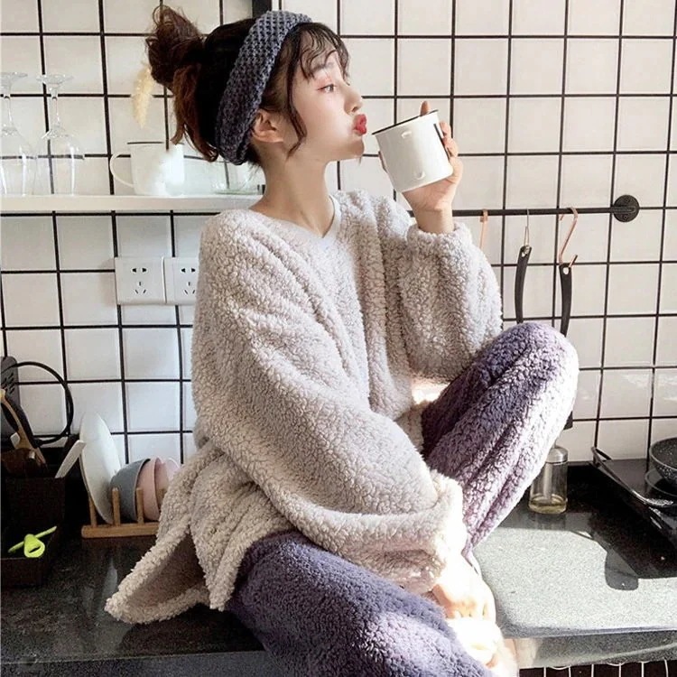 パジャマモコモコルームウェアレディース秋冬長袖パジャマフランネルルームウェア暖かい上