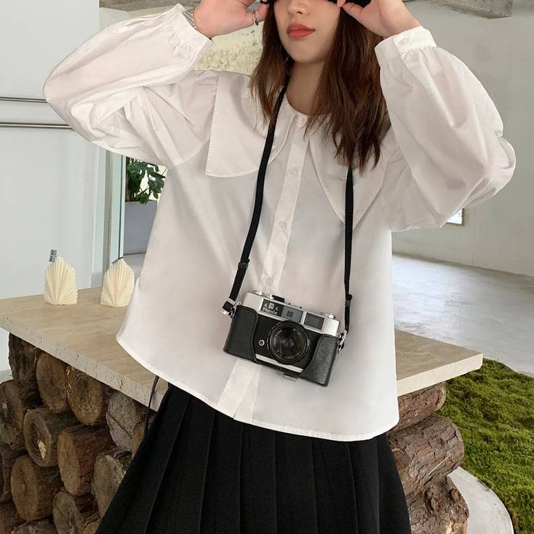 レディース ビッグカラーシャツ 白シャツ コットンシャツ ブラウス トップス 長袖 ショート丈 学院風 制服 学生 前開き きちんと感 白 ホワイト 春夏 春 夏 秋冬 秋 冬 大人可愛い きれいめ