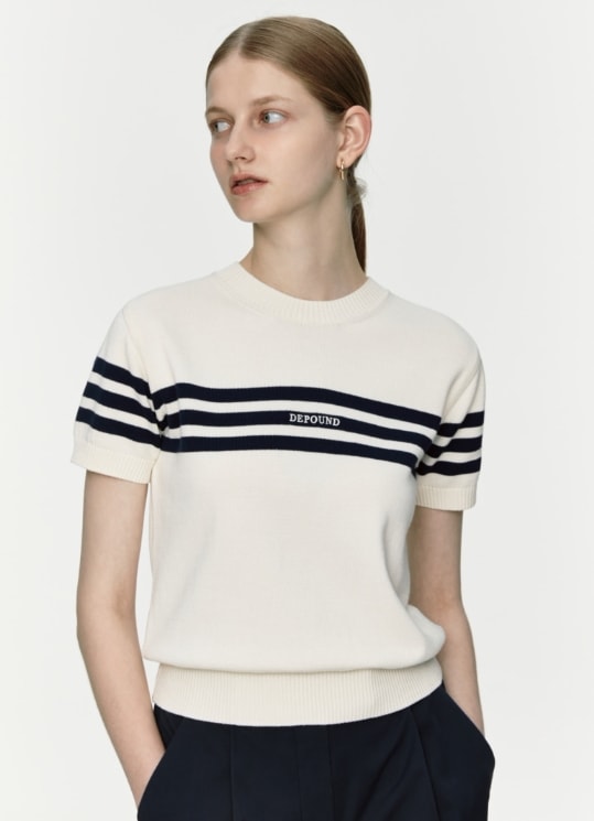 【DEPOUND】 STRIPE HALF SLEEVE KNIT : IVORY / NAVY