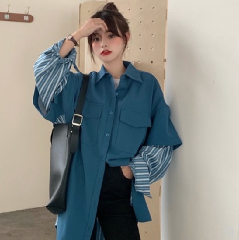 トップス シャツ ブラウス カットソー ミモレ丈 袖あり 長袖 ブルー ブラック XL 2XL 3XL きれいめ シンプル カジュアル 大人 上品 おしゃれ 主役級 存在感 春 秋 10代 個性的