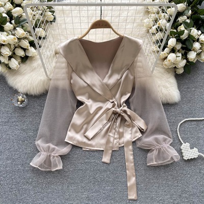 トップス デート モテアイテム シャツ 長袖 シフォン 大人可愛い きれいめ 上品 Vネック リボン おしゃれ かっこいい 大人可愛い ラブリー キュート ガーリー クール モード系 セクシー