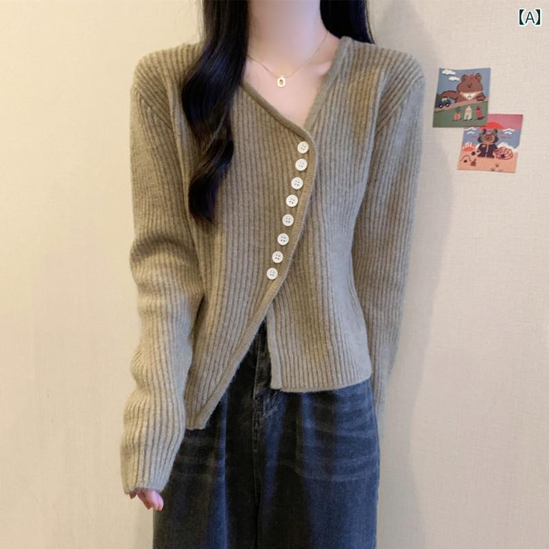 秋冬 女性用 長袖 Vネック ニット カーディガン セーター 新し 大きサイズ スリミング ショート ボトム トップ