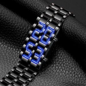 ファッションブラックフルメタルデジタル溶岩腕時計男性用ブルーLEDディスプレイメンズ時計男性用男の子用スポーツクリエイティブ時計ギフト
