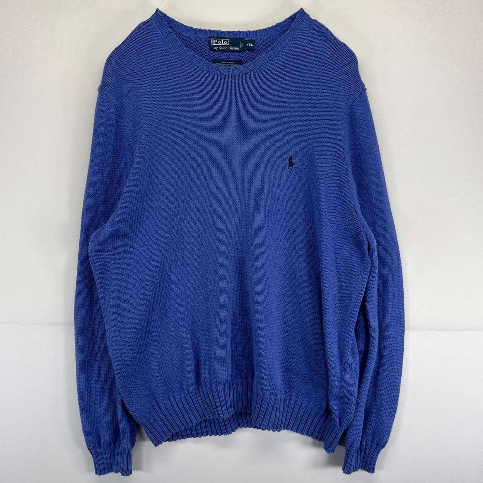 古着 ポロバイラルフローレン Polo by Ralph Lauren ニット 大きいサイズ コットンニット クルーネック ワンポイントロゴ 2XL ブルー系 メンズ
