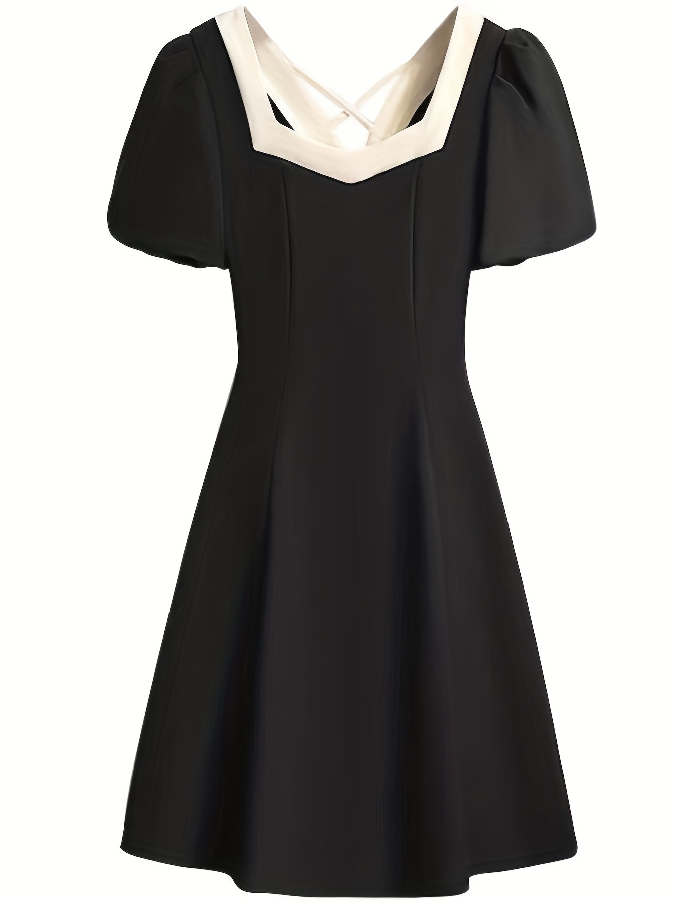 コントラストトリム スクエアネックドレスエレガントな半袖Aラインドレス 春＆夏用レディースウェアヘベスタイルフレンチスタイル