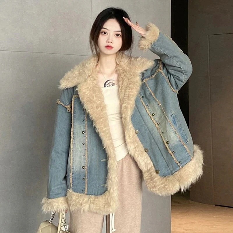 韓国ファッション 人気アウター ラムウールカウボーイコート韓系けだるい風ジャケット感綿入り厚手の綿入れトップス