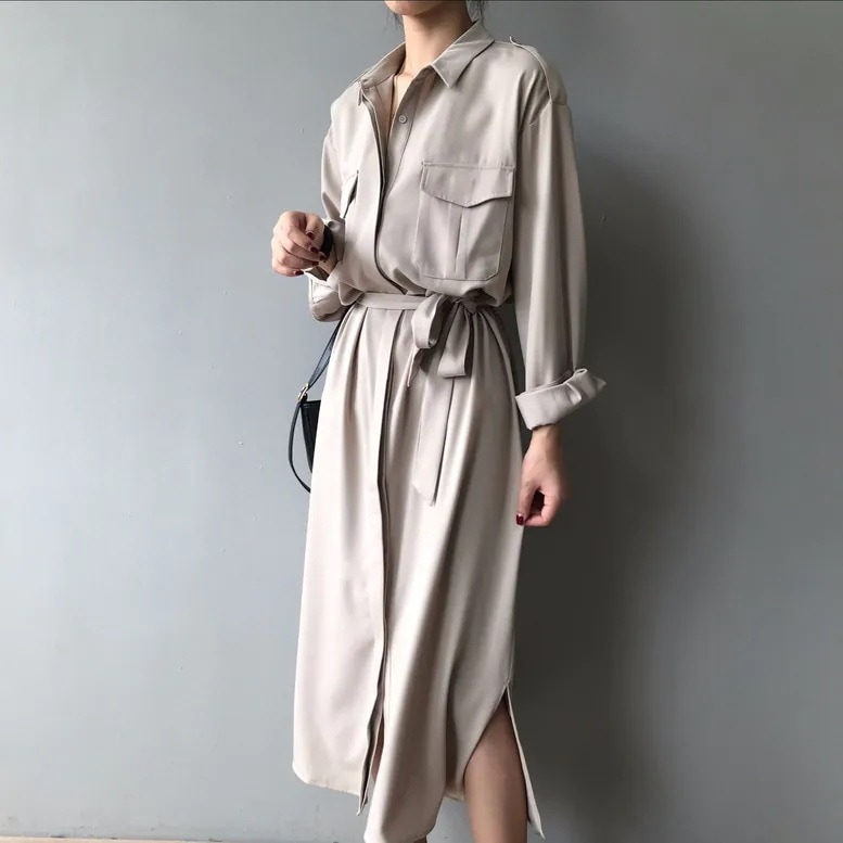 3color レディース シャツワンピース ウエストリボン ベルト ロングワンピース サテン