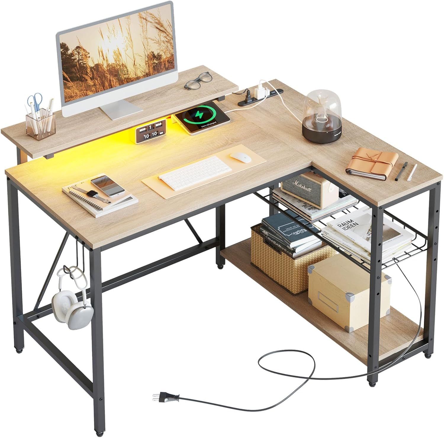 l字デスク パソコンデスク L字 幅107cm コンセント&モニター台付き ゲーミングデスク LED付き 机 pcデスク ラック付き 左右組み換え可能 棚高さ調節可能 勉強机 L字型 リモートワーク