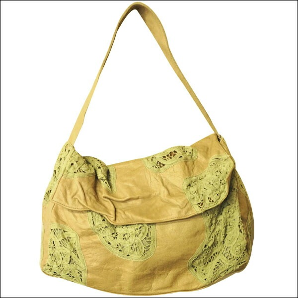 レディース　ショルダーバック　レース　レザー　シワ加工　ショルダーバック　キャメル