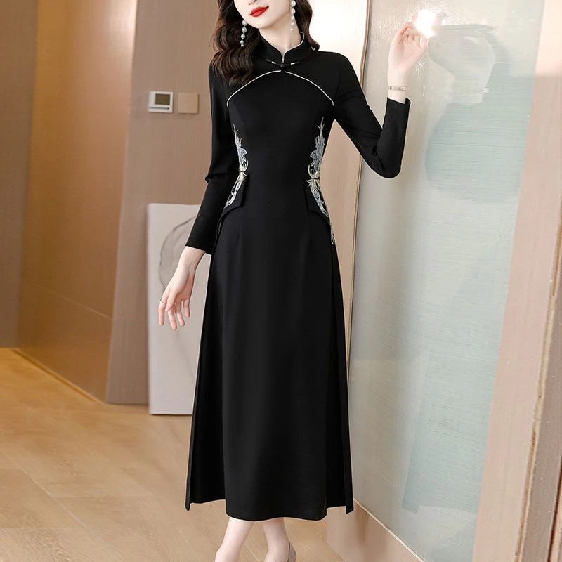 高級感 チャイナドレス 秋冬新作 チャイナ風 改良 ワンピース スリミング 着痩せ 長袖 パーティードレス30