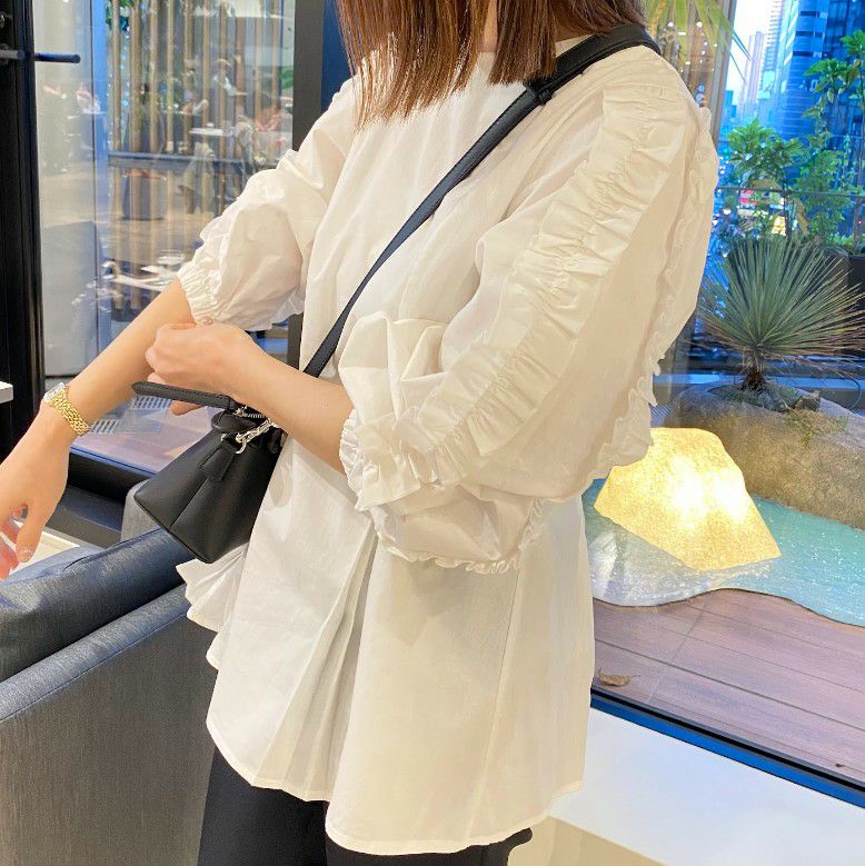 【】3color ダブル フリル シャツ プルオーバー レディース トップス 秋 長袖 カジュアル かわいい きれいめ 大人可愛い きれいめカジュアル 大人ガーリー オフィスカジュアル 韓国ファッショ