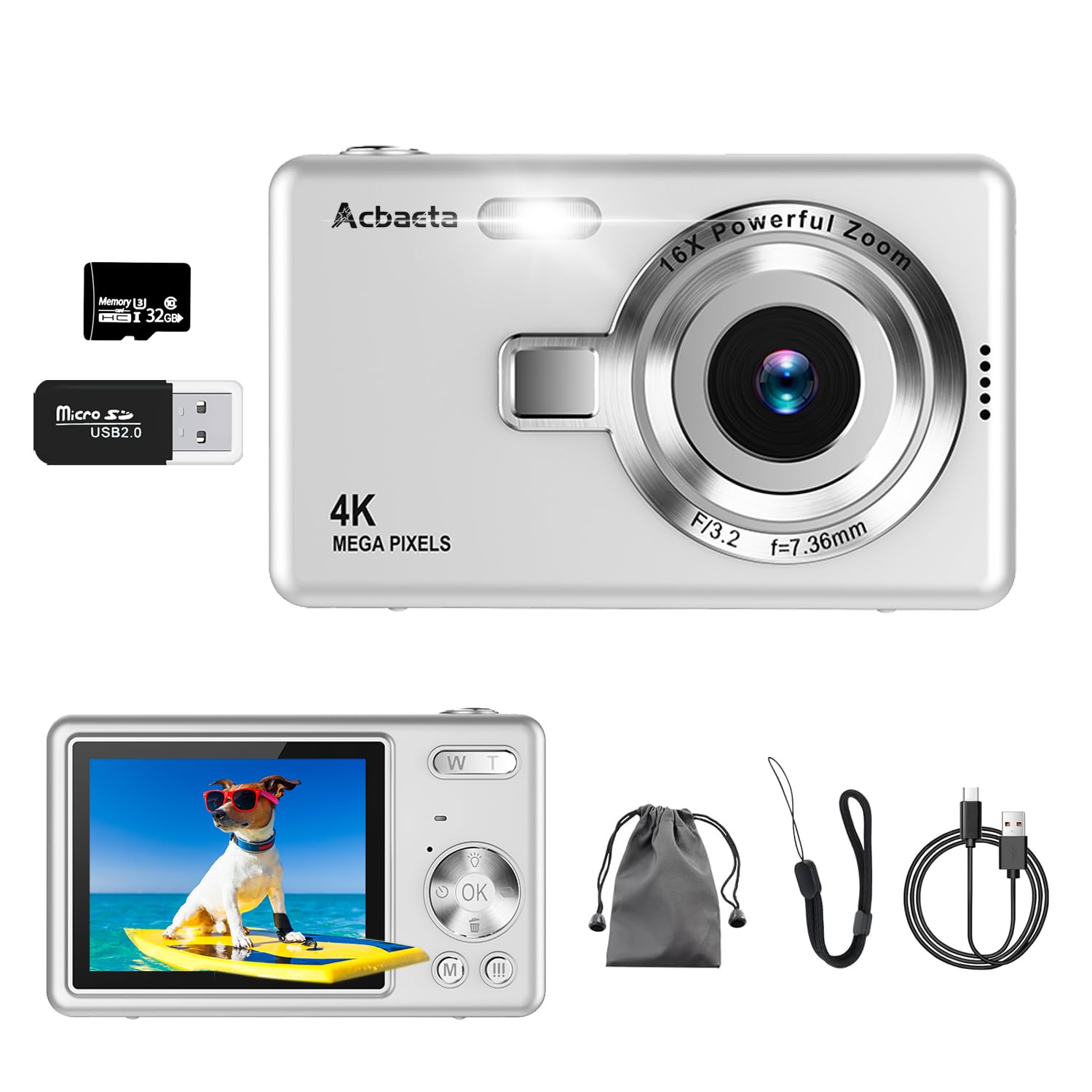 デジカメ Acbaeta【4K動画撮影5000万画素】デジタルカメラ 32GB Micro SDカード付き AFオートフォーカス コンパクトカメラ 2.7インチの大画面 16倍ズーム フラッシュ 手