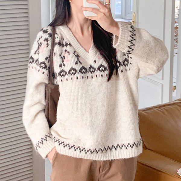 Hスタイル(KN)ボヘミアンニットティー 冬 ニットティー ウール ウール Vネック セーター ベーシックTシャツ