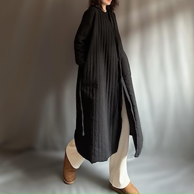 冬の作 レトロな 斜め襟 バンド ロング コットンコート 中国風 厚 キルティング 綿麻 縦棒 圧綿 綿コート