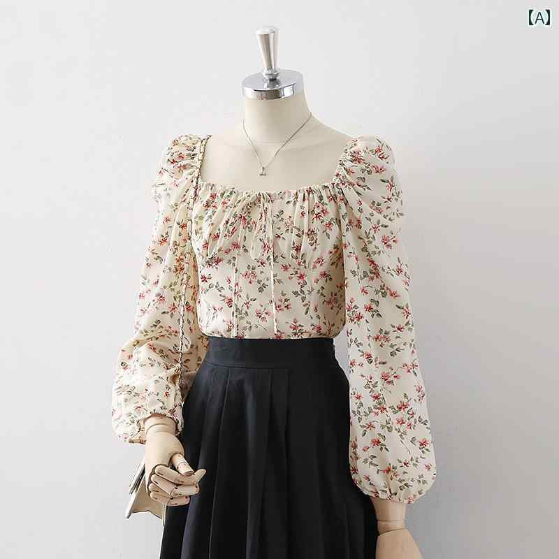 レディース シャツ ブラウス 長袖 春秋 スクエアネック フローラルプリント フレンチスタイル パフスリーブ ショート丈 プルオーバー フェミニン ロマンティック 清楚 かわいい シャーリング加工