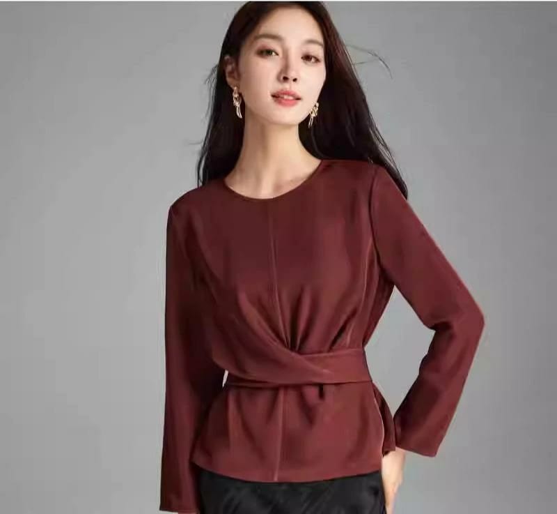 シフォンシャツ ブラウス レディース 秋 上品 女性 カジュアル ショート リボン 長袖 プルオーバー ラウンドネック 通勤 オフィス 軽量 柔らかい トップス スリムフィット 蝶結び