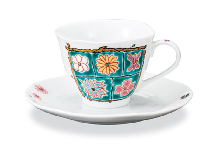 『九谷焼』コーヒーカップフラワーBOX グリーン 岩田玲子作 AP6-5087