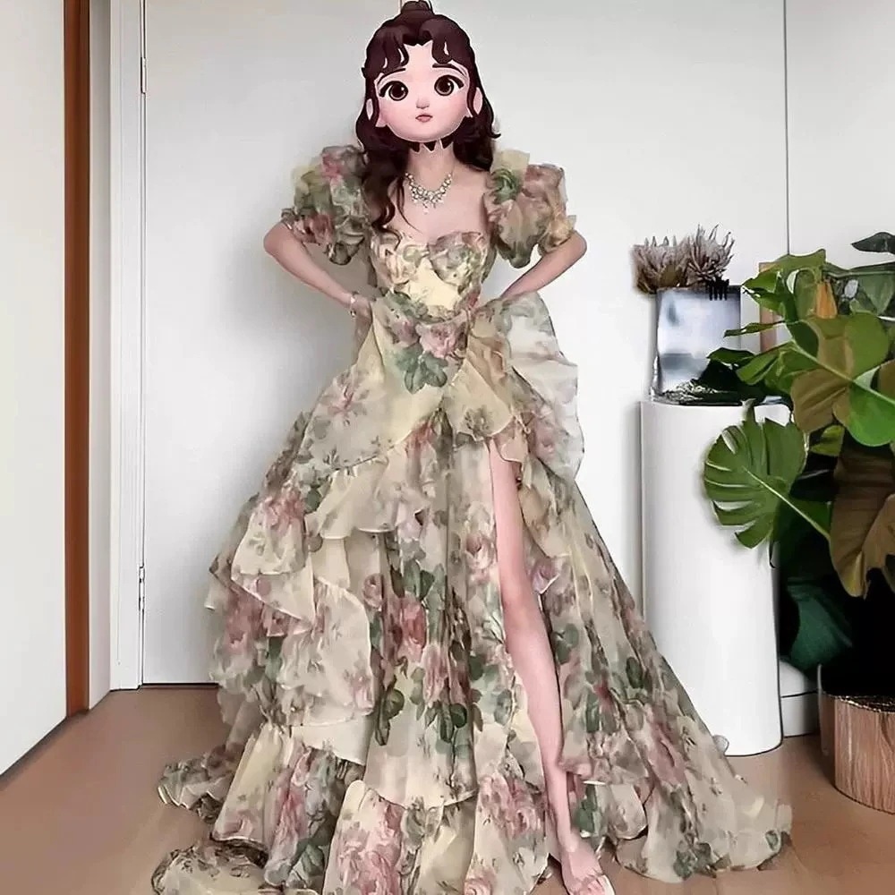 【2枚購入で 3oo円OFF！】夏のイブニングドレス花柄スカート美しいリッチプリンセススタイルパフスリーブドレス 5,996円