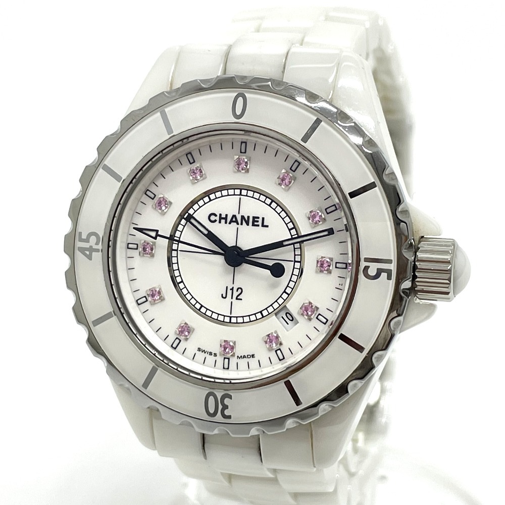 腕時計 H1476 J12 12Pピンクサファイア クォーツ デイト セラミック ホワイト
