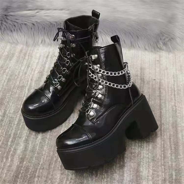 韓国ファッション秋冬 気質 個性ラウンドトゥバンディング 太いヒール 厚底 ショートブーツ トレンド