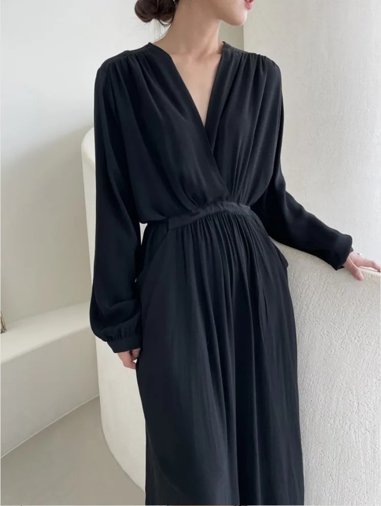 ワンピース ドレス ロング マキシ 長袖 パフスリーブ Vネック カシュクール 細身 Aライン フェミニン タック ウエストマーク ポケット ハイウエスト コンサバ ギャザー 大人可愛い きれいめ シ