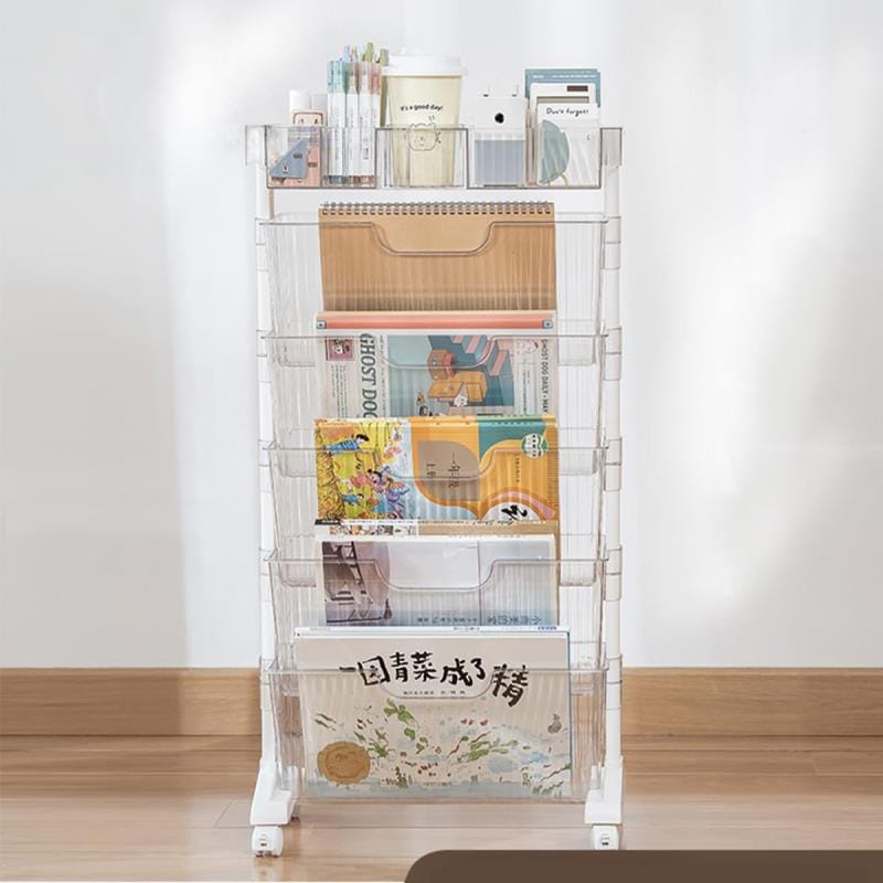 4段 クリアー本棚 スリムデスクサイド書類収納ラック 書類収納 ファイル収納 書類棚 オフィス用ファイルワゴン 大容量 キャスター付き回転 移動式 収納ラック デスク整理 デスクサイド収納 マガジンラ