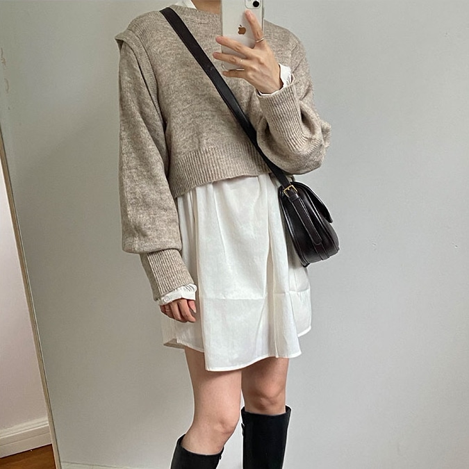 バックリボンニット トップス シャツ セーター ショート ショート丈 袖あり 長袖 ラウンドネック リボン バックリボン バックシャン バックコンシャス 2点セット ツーピース かわいい 大人可愛い