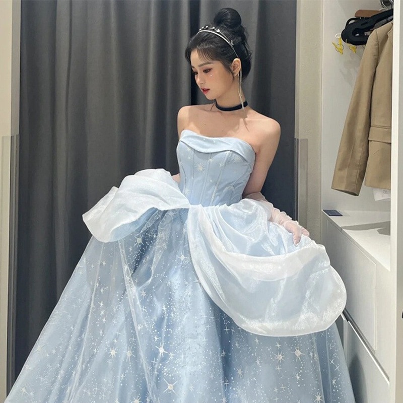 イブニングドレスブルー妖精のようなプリンセス成人式気質宴会ドレス