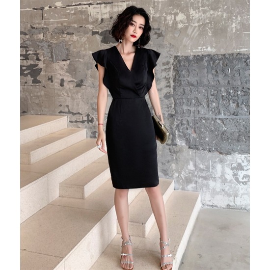 【取寄：納期2週間】結婚式ドレス 大きいサイズ XL 2XL 半袖 Vネック パーティードレス フォーマル タイトスカート 膝丈スカート お呼ばれ エレガント スタイリッシュ 体型カバー