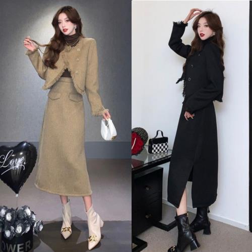 超特価セットアップ ジャケット スカート 女性 卒業式 卒園式 授業参観 レディース 韓国 カジュアル フォーマル 黒 長袖 半袖 七五三 ママ 秋 冬 ノーカラー ロング 可愛い スリット ツイード