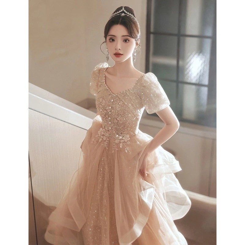 イブニングドレス ベージュ ロングドレス 発表会ドレス 花柄 パール フレア フリル 可愛い 結婚式ドレス 二次会ドレス パーティードレス ロング Aライン XS S M L XL XXL XXXL