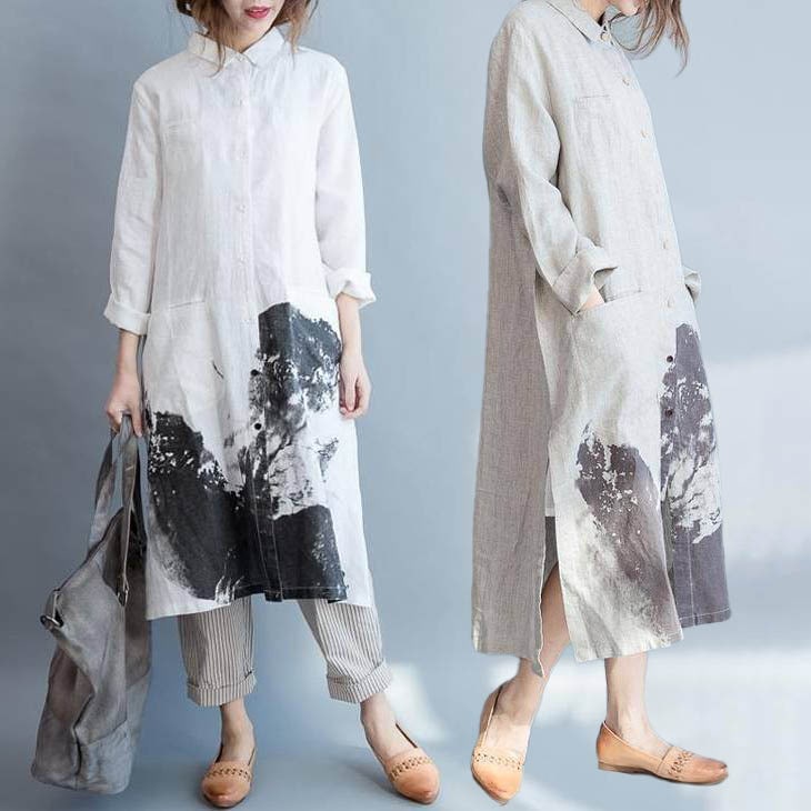 シャツワンピース 水墨画 柄 白 ベージュ F 即納 長袖 シャツ ワンピース 大きいサイズ ロング丈 綿 レディース nlw11467 森ガール シンプル ナチュラル スリット ミモレ丈
