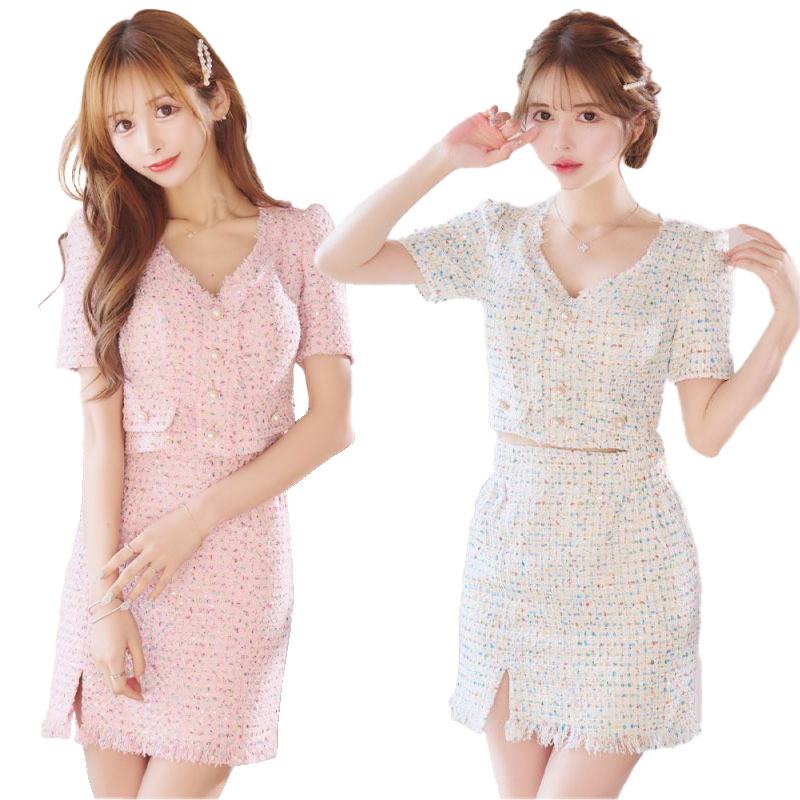 【SMLサイズ/2カラー】ツイード セットアップ 袖付き スリット パール スパンコール 背中隠し 谷間魅せ タイト ミニドレス キャバドレス [1264]